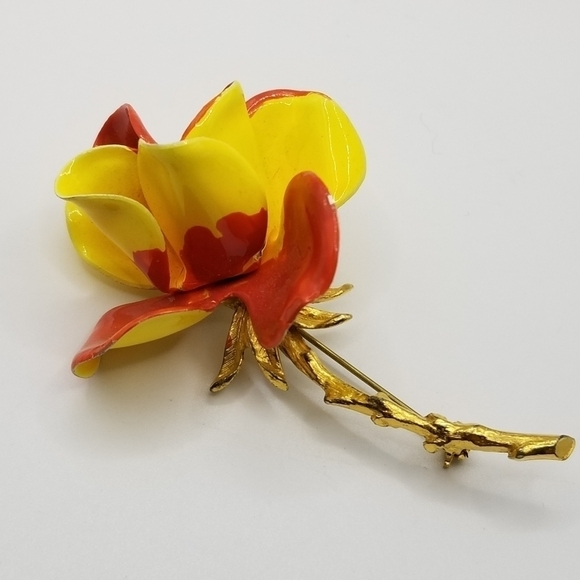 Vintage Enamel Flower Gold Tone Stem Brooch Pin Orange Yellow Large High Gloss - Picture 6 of 12